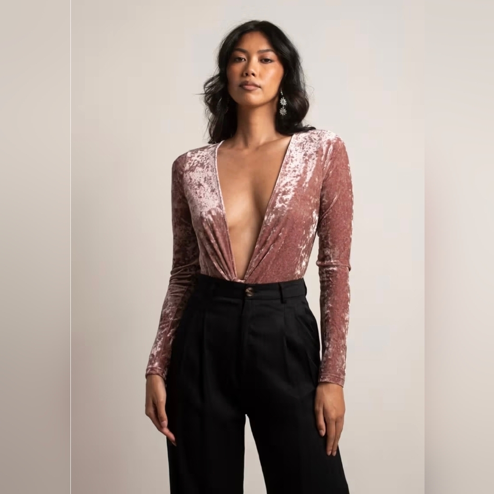Ladies V Neck Bodysuit Wrap Slim Crushed Velvet Catsuit Blouse Shirt Long Sleeve